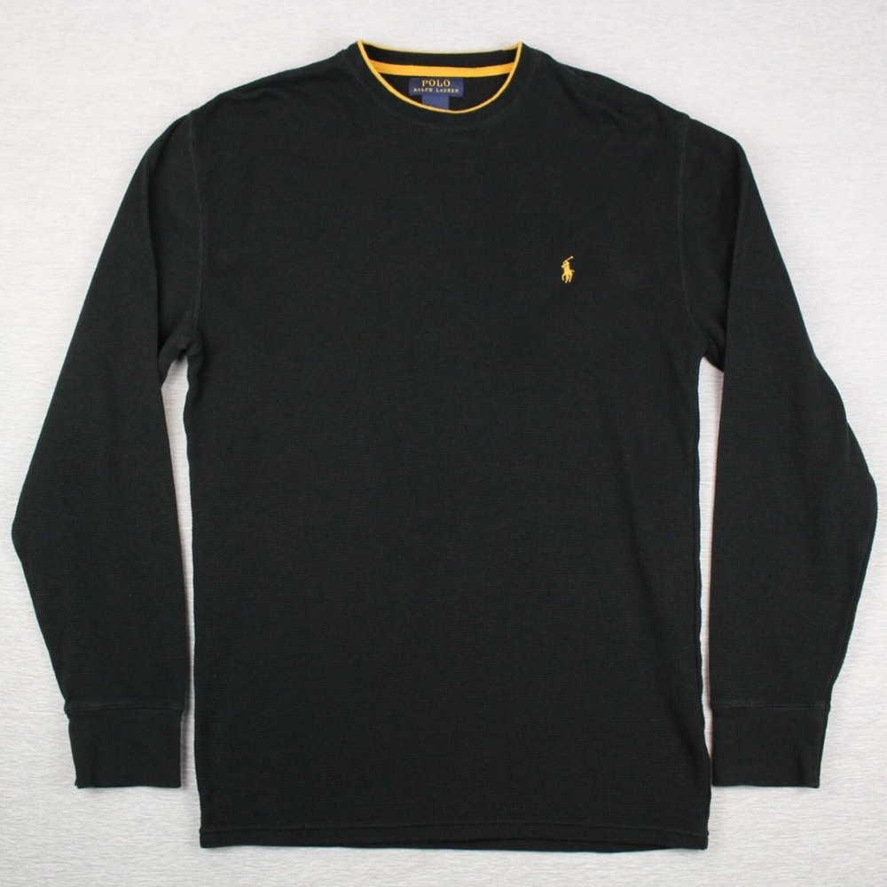 Polo Ralph Lauren Waffle Knit Thermal Crew-Neck Long Sleeve Shirt Black Orange-L